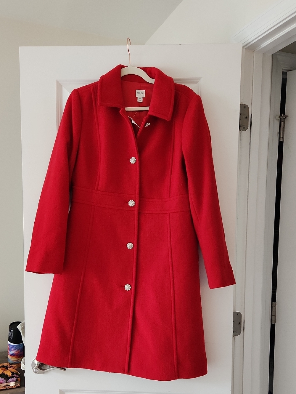 Red Jcrew Coat With Rhinestone Buttons